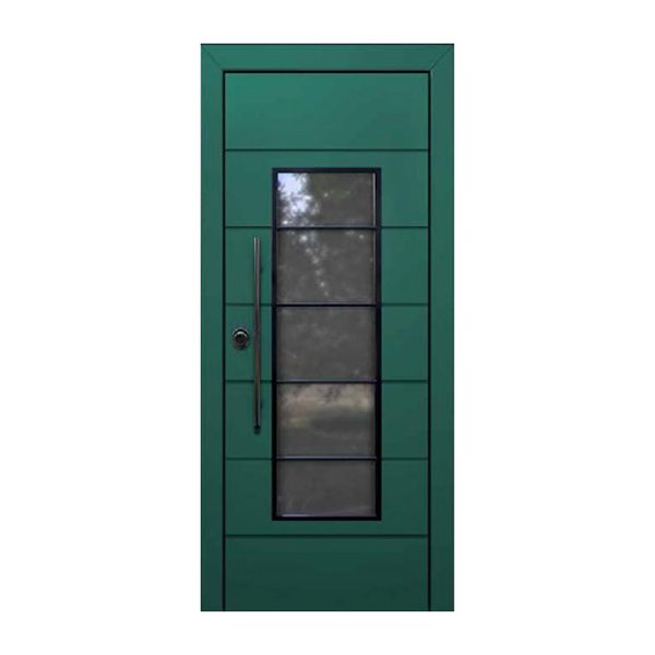 Θωρακισμένη πόρτα με επένδυση αλουμινίου, πρεσαριστό σχέδιο και τζάμι S.N.S. 1007